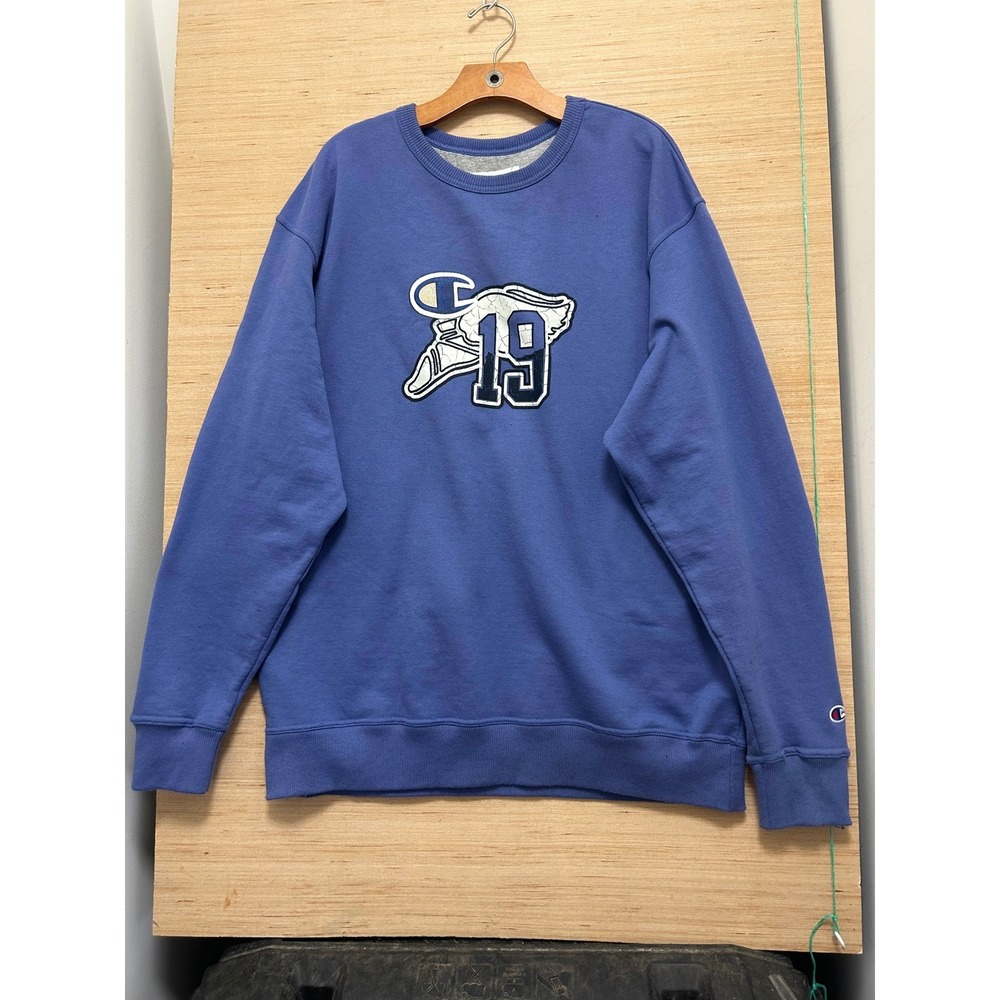 Champion Crewneck Sweatshirt Blue Athletic Graphic Logo Pullover XL
